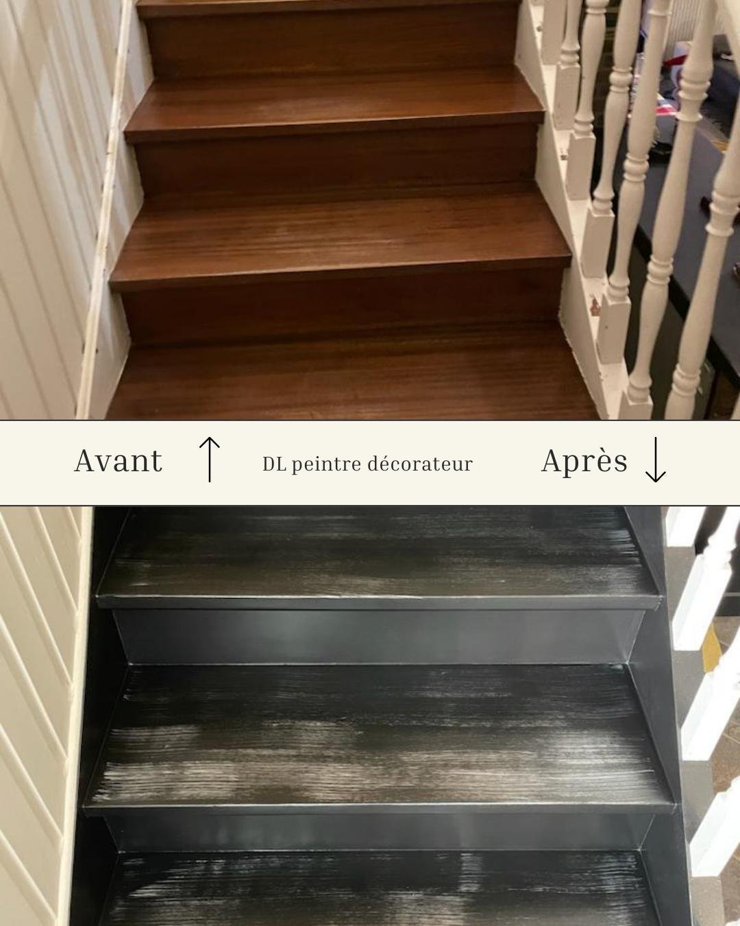 Escalier — marches en bois vernis avant, peintes en noir après