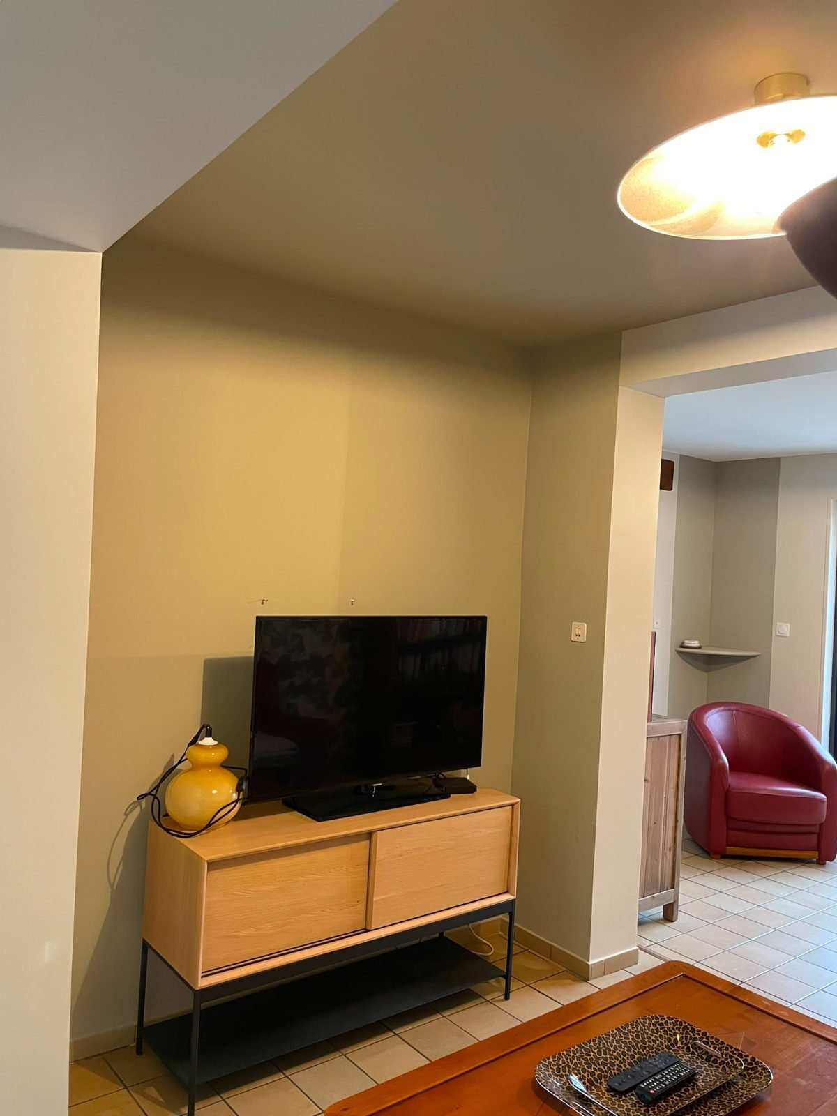 Salon — niche télé peinte en vert olive, murs et plafond